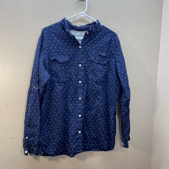 Columbia PFG Super Bonehead Women's XL Navy Polka Dot L/S Button Up Shirt Vented - Picture 1 of 7